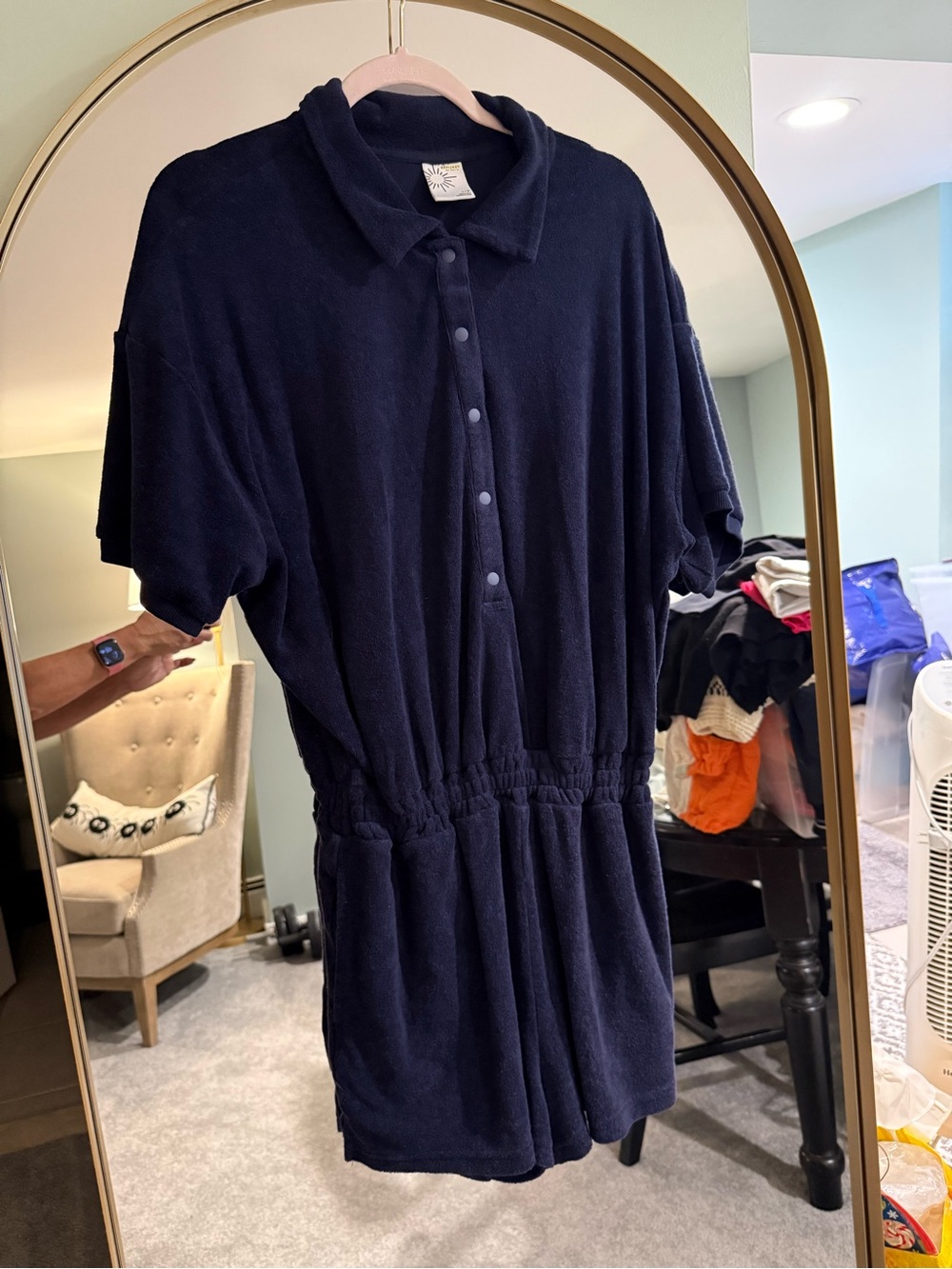 aerie Navy Terry Romper with Polo Collar